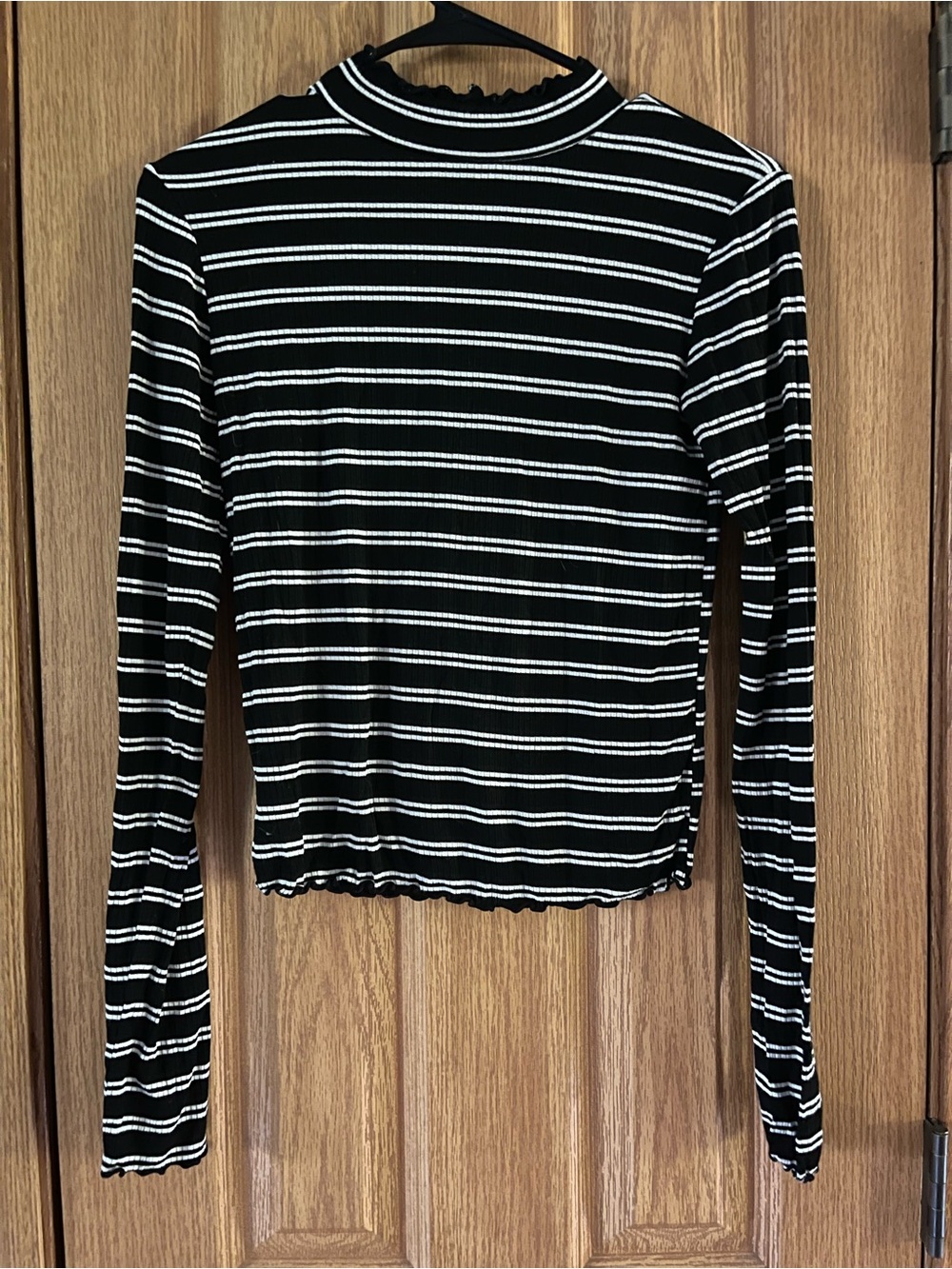 Arizona Love Black and White Striped Long Sleeve Mock Neck Top
